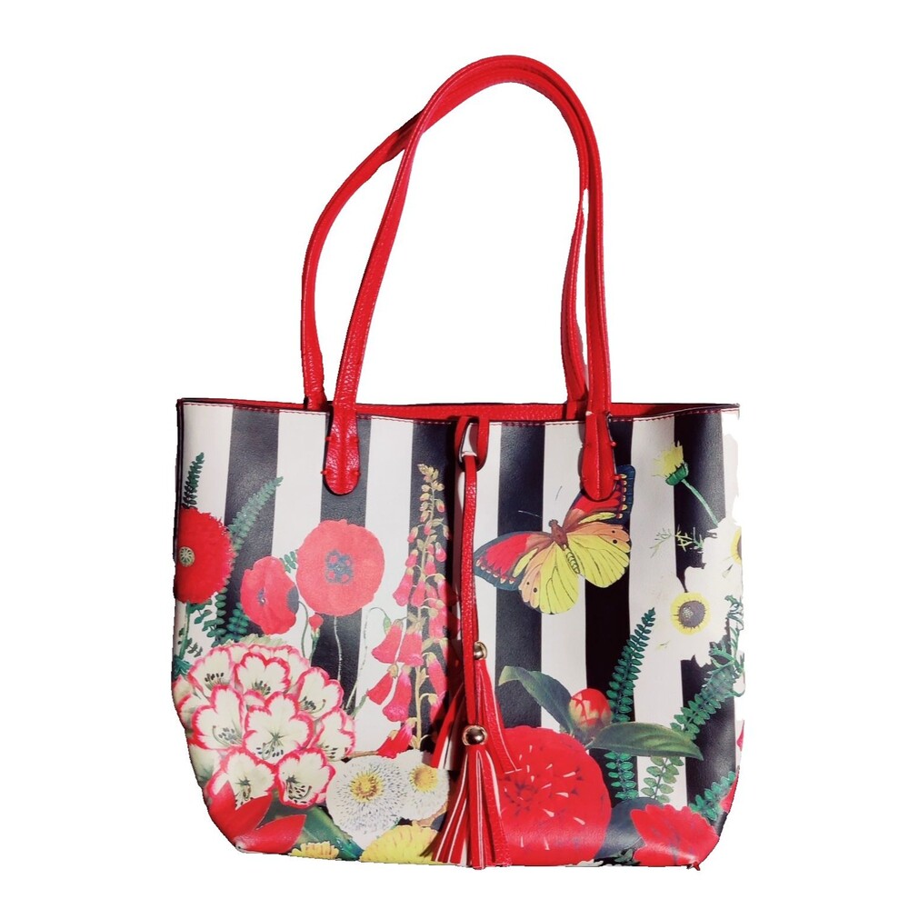 Women's Butterfly Floral Tote Bag Multicolor Faux Leather Tassel 10x11
